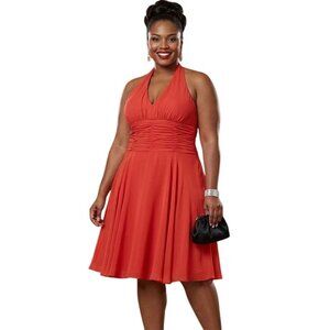 VTG Landa Burnt Orange Halter Chiffon Shirred Cocktail Dress Plus 18 Party